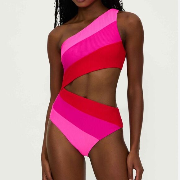 NEW Beach Riot Red and Pink Asymmetrical Cutout One Piece Bikini Swimsuit XL - Picture 1 of 7